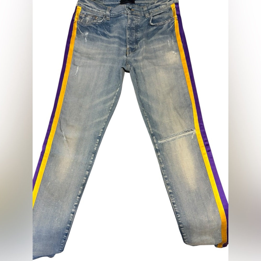 AMIRI Light Blue Jeans with Purple and Yellow Stripes
